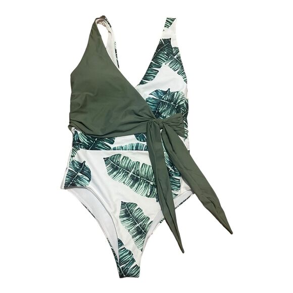 SweatyRocks Women's One Piece Bathing Suit V Neck Tie Front Green Palms Size M - Picture 1 of 7